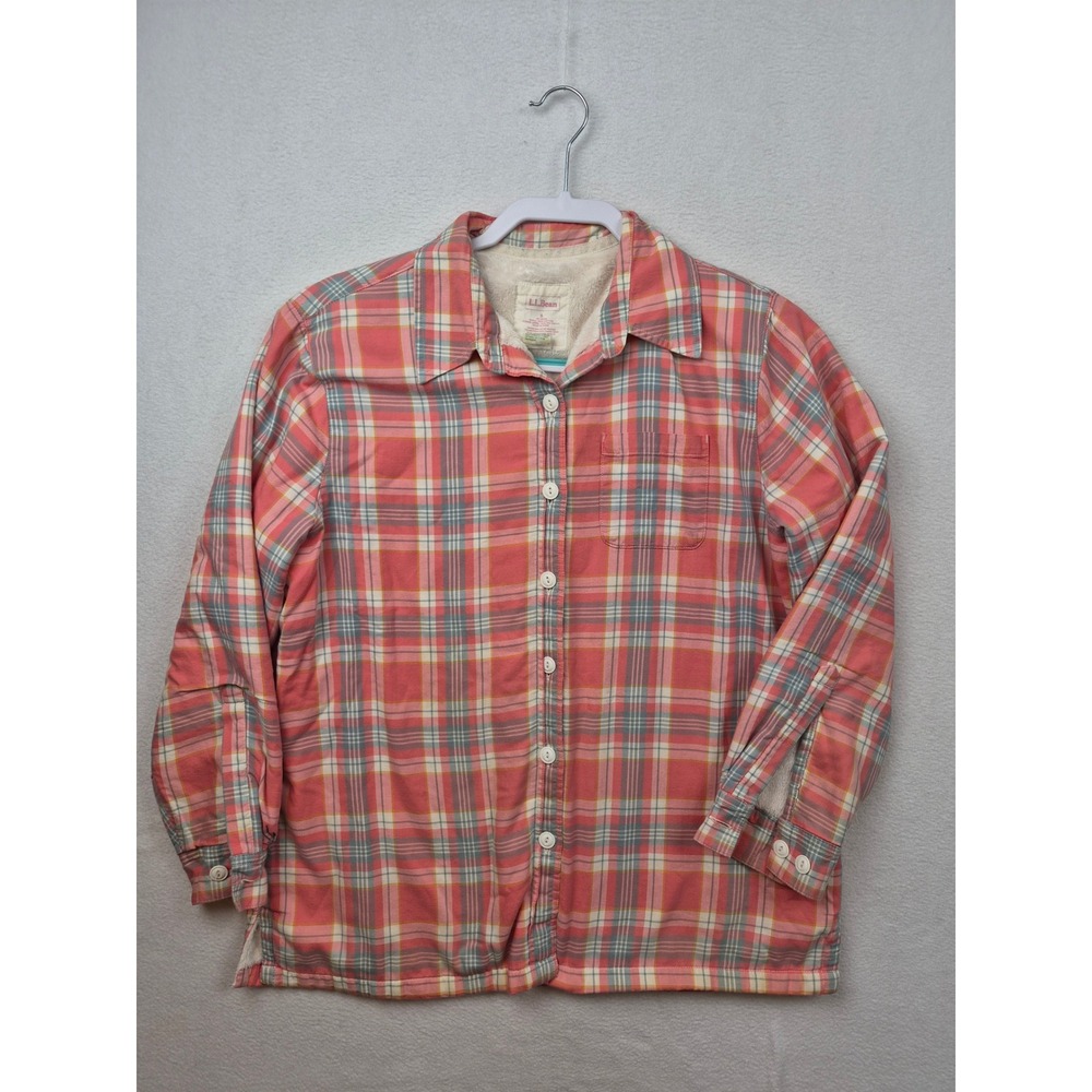 LL Bean Flannel Shirt Jacket Womens Small Petite Pink Plaid Fleece Lined Button